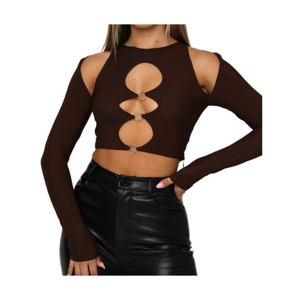 Opperiaya Women Solid Color T-shirt, Adults Sexy Slim-fit Long Sleeve Round  Neck Cutout Crop Tops with Rings for Daily Life S-XL 
