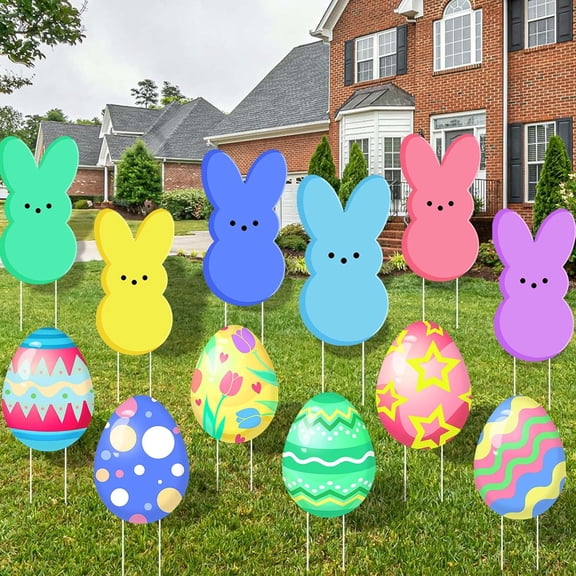 12 PCS Easter Yard Signs Corrugated yard Outdoor Decorations Bunny Easter Eggs Yard Stakes for Easter Party Decorations Supplies Prop Spring Decor