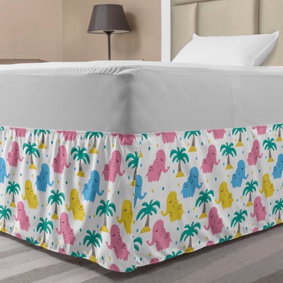 Cartoon Bed Skirt, Repetitive and Irregular Baby Elephants and Palm Trees Illustration, Elastic Bedskirt Dust Ruffle Wrap Around for Bedding Decor, 4 Sizes, Baby Pink and Multicolor, by Ambesonne