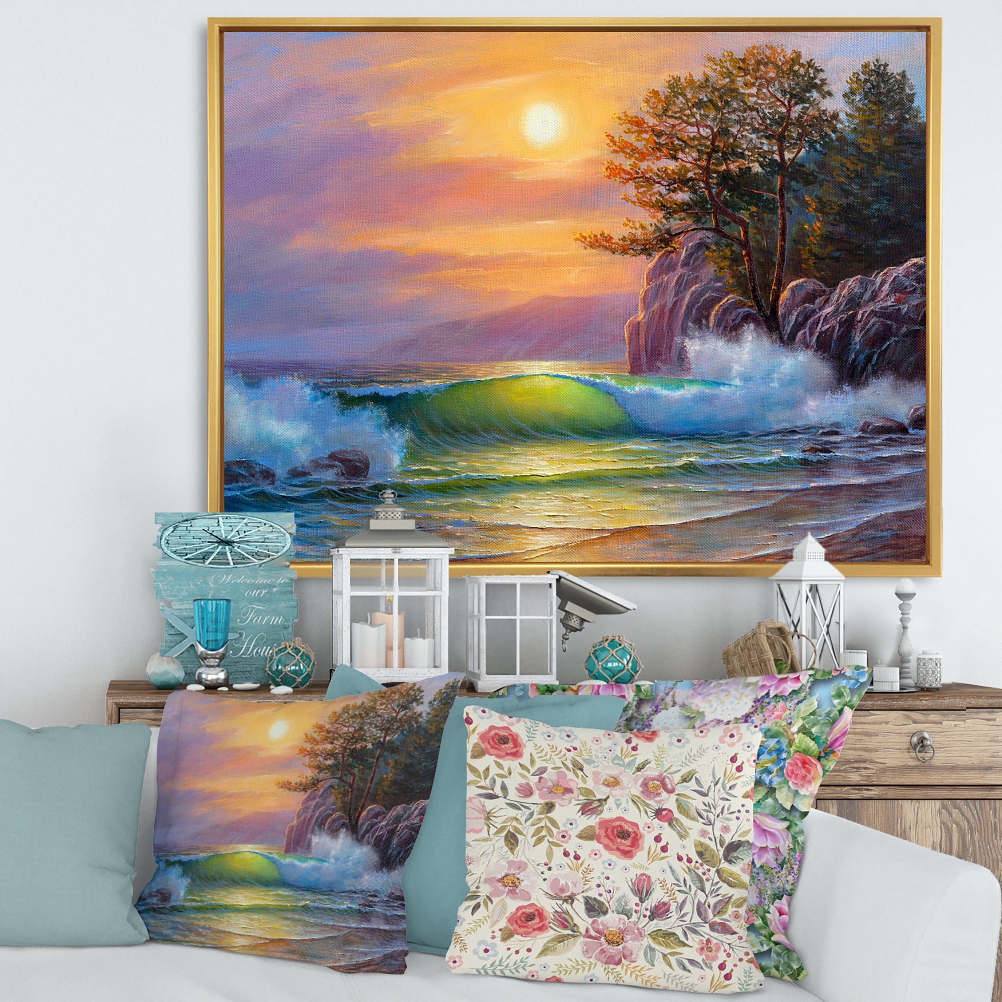 Sunrise On Sea Waves By The Pine Trees 20 in x 12 in Framed Painting Canvas Art Print, by Designart