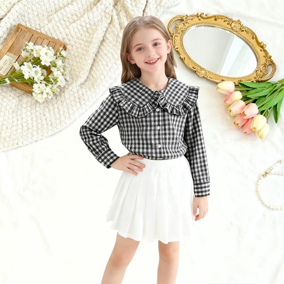 Girls' Black & White Checkered Long Sleeve Top with Peter Pan Collar - Button Down Tunic Blouse - Sizes 8-13 Years,Size 10-11 T