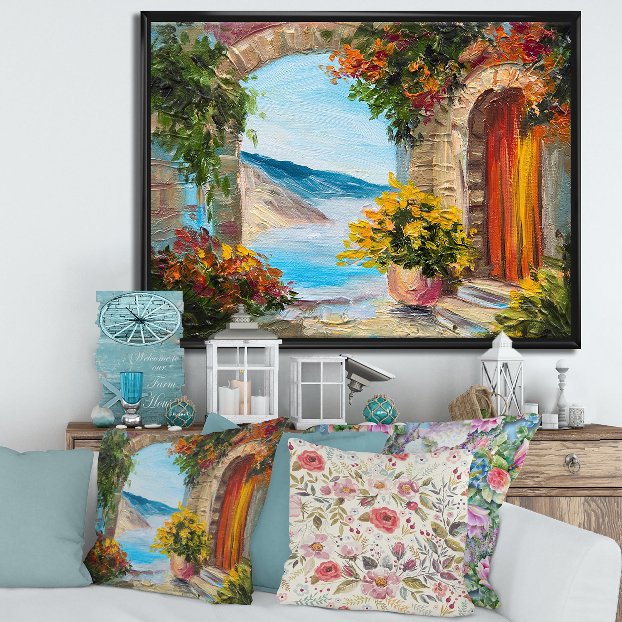 Designart 'House With Colorful Flowers Near The Sea Summer Season' Nautical & Coastal Framed Canvas Wall Art Print