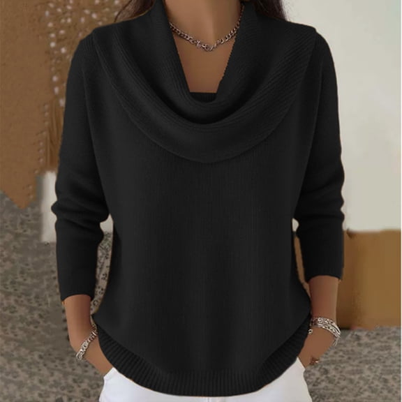 Sweater for Women, Cowl Neck Long Sleeve Knit Casual Pullover Tops Fall Winter Trendy Comfy Sweaters Black 2XL