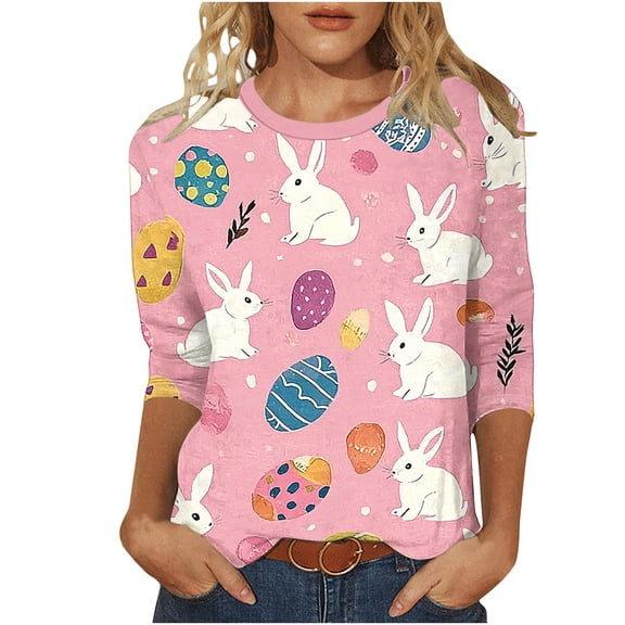 Womens Blouses Plus Size,2026 Easter Shirts for Women Funny Bunny Egg Graphic Tees Cute Festival Outfits 3/4 Sleeve Tops Cotton T-Shirt Gifts