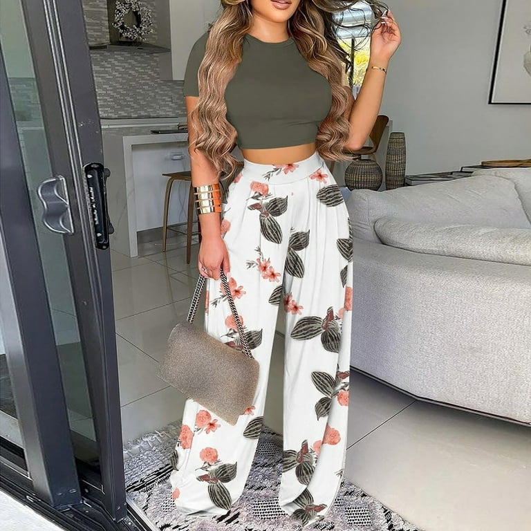 YWDJ 2 Piece Outfits for Women Pants Sets Elegant Fashion Summer Froral  Print Casual Short SLeeve Top+ Pant Set Gray S 