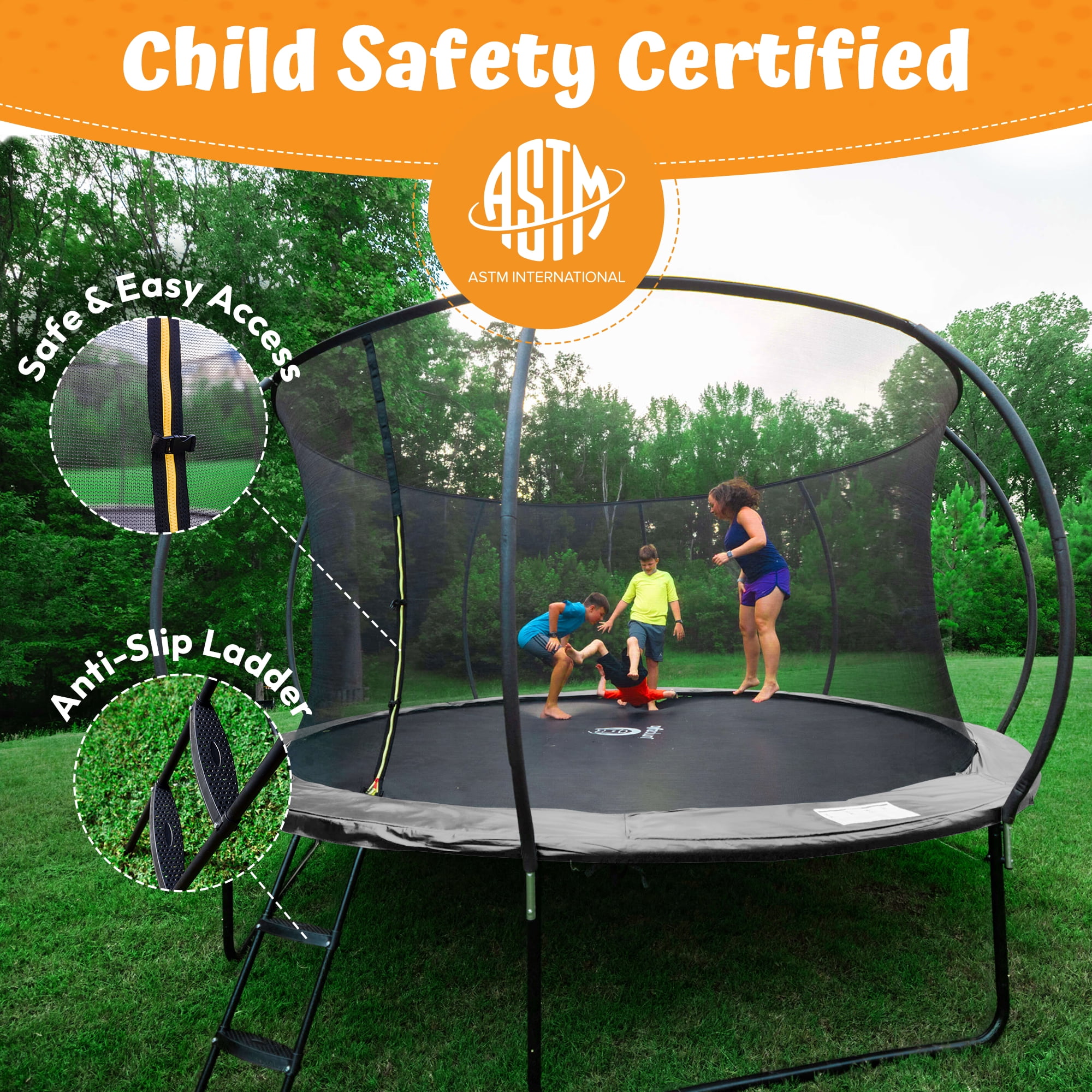 JUMPZYLLA Trampoline Outdoor with Enclosure and Ladder, ASTM, 12 ft, Gray