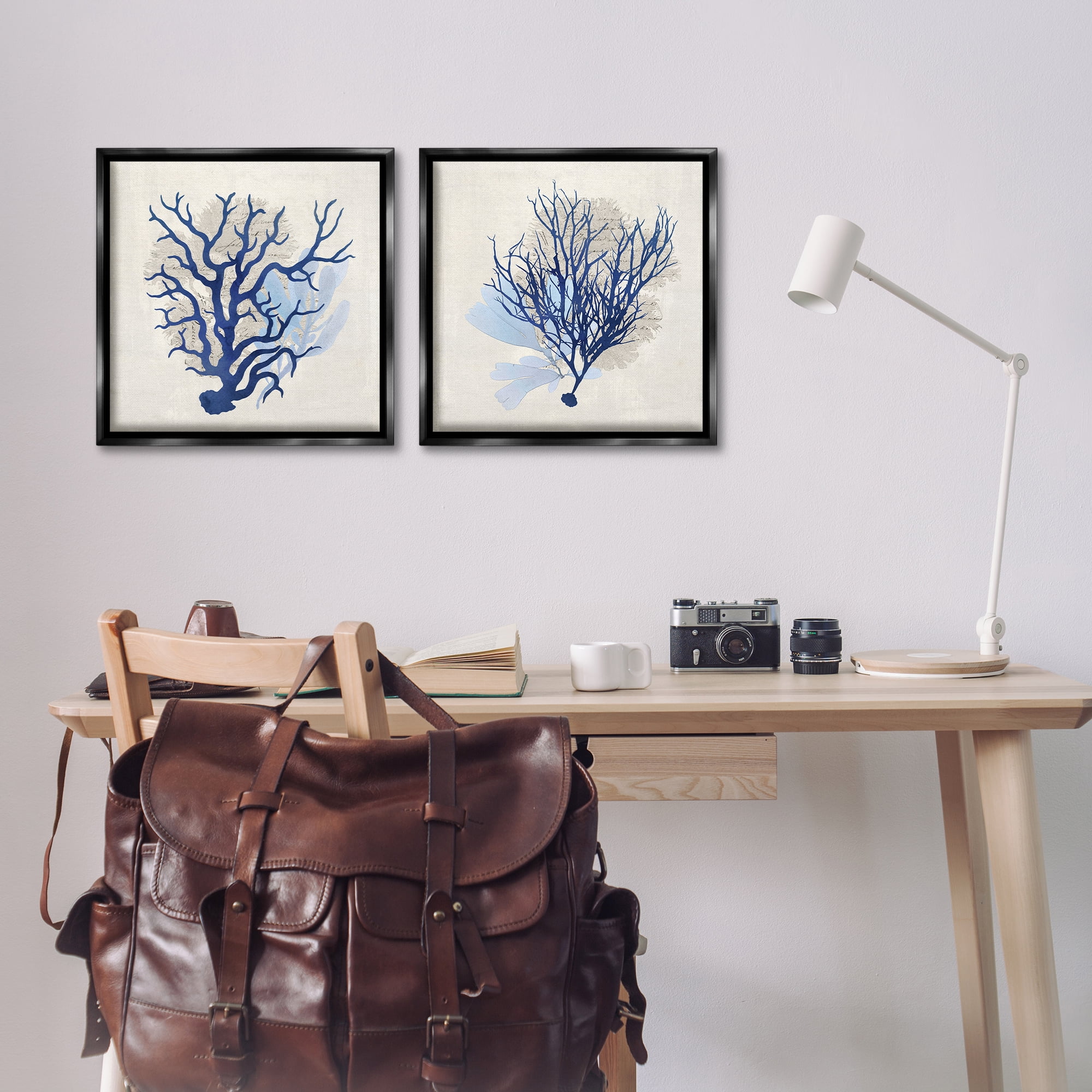 Stupell Industries Blue Coral Branches Nautical & Beach Painting Black Floater Framed Canvas Art Print Wall Art, 18 x 18, Set of 2