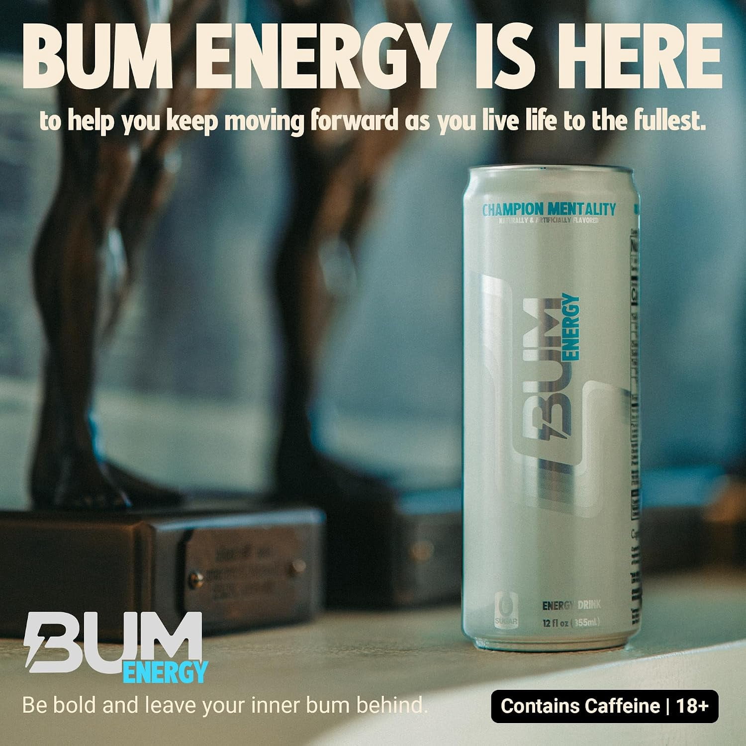 BUM Sugar-Free Energy Drink, Champion Mentality - Lightly Carbonated & No Artificial Colors, Natural Caffeine & Citicoline for Energy & Focus, Brain Boost & Workout Sports Beverage - 12 oz, Pack of 1