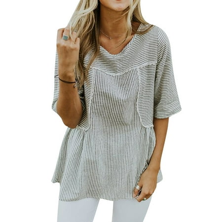 - Starvnc Women Short Sleeve Striped Round Neck Lace Splice Tunic Tops