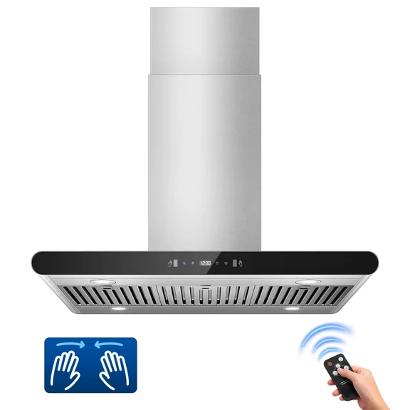 Island Range Hood 30 Inch 700 CFM kitchen Hood with Dual-Sided Touch Gesture Remote Control Ceiling Mount Convertible Ducted/Ductless 3-Speed Fan 3 Stainless Steel Baffle Filters