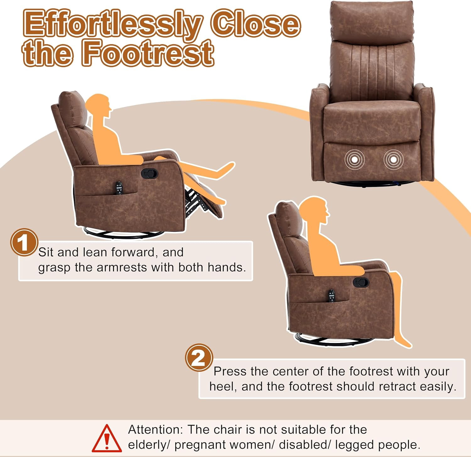 AENKYO Swivel Recliner Chair, Manual Rocking Massage Chair with Heat for Adults, for Living Room,Tan Faux Leather