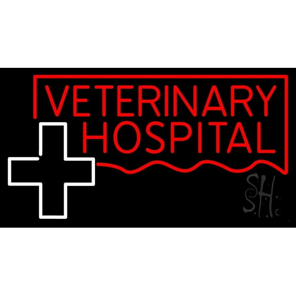Veterinary Hospital With Plus Logo LED Neon Sign 20 x 37 - inches, Black Square Cut Acrylic Backing, with Dimmer - Bright and Premium built indoor LED Neon Sign for Defence Force.