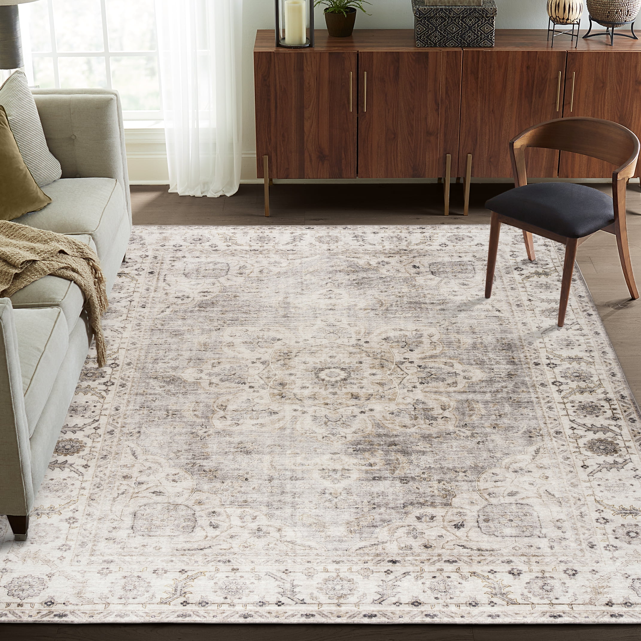 ReaLife Machine Washable Rug - Stain Resistant, Non-Shed - Eco-Friendly, Padded, Family & Pet Friendly - Made from Premium Recycled Fibers - Vintage Bohemian Medallion - Beige Ivory, 7'6" x 9'6"