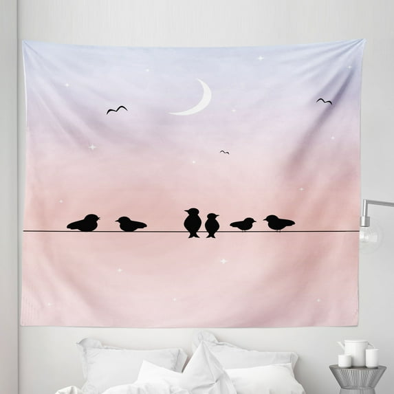 Bird on a Wire Tapestry, Silhouettes of Moon in a Pastel Tone Ombre Effect Twilight, Fabric Wall Hanging Decor for Bedroom Living Room Dorm, 5 Sizes, Blush Pale Ceil Blue, by Ambesonne