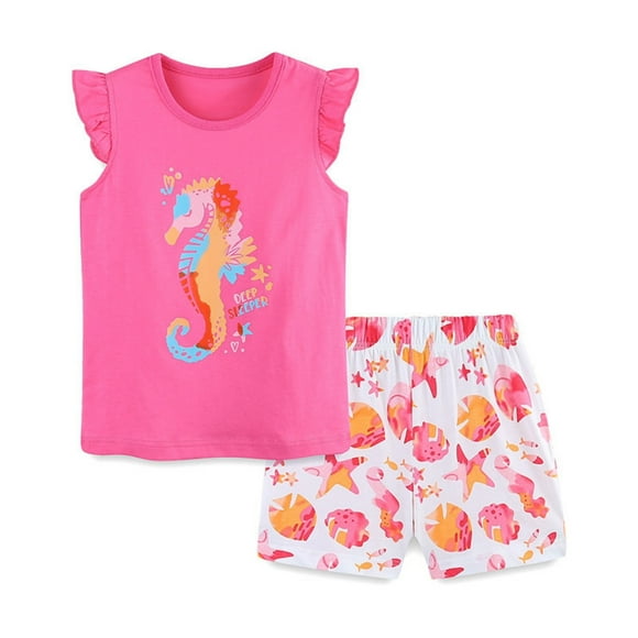 Kids Girls Summer Cartoon Print Fly Sleeve T Shirt Tops And Plaid Shorts 2PCS Outfits Clothes Set Children's Clothing New Born Baby Girl Outfit Baby Autumn Clothes Girl Baby Girl Blankets under 10