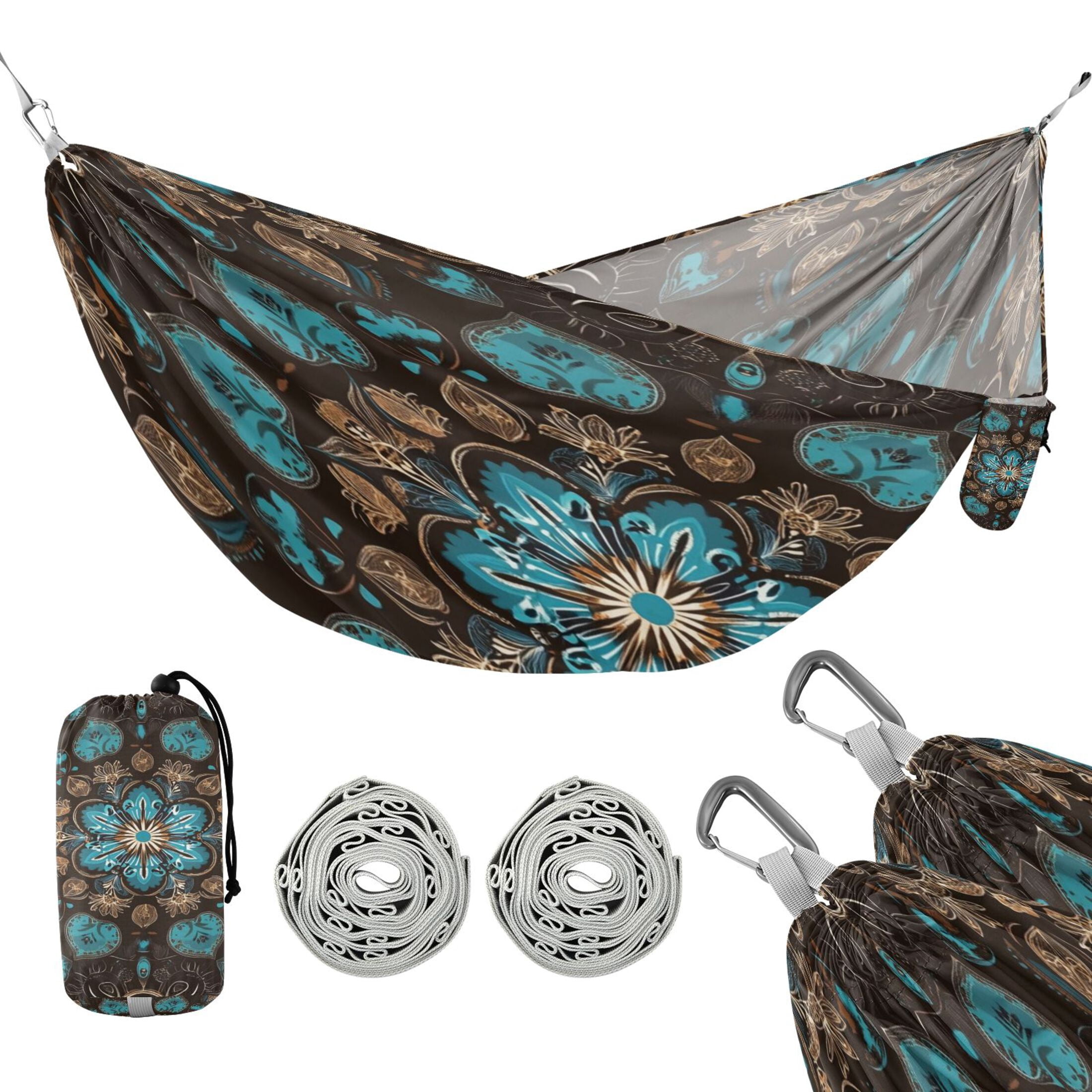 Wobogo Turquoise Mandalas Camping Hammocks 330 lb Capacity with Tree Straps and Hanging Pockets for Outside Hiking Beach Backpack Travel