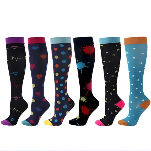 XIRQI Compression Socks for Women: 20-30 Mmhg Circulation Knee High Stockings for Sports, Travel, Flight, Running, 6 Pairs