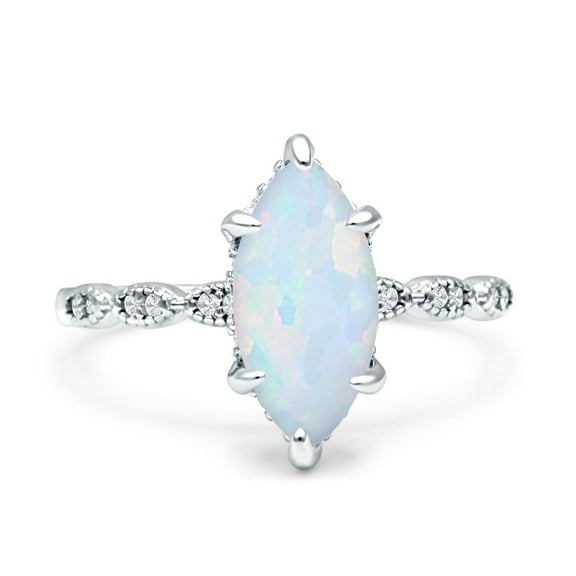 Solitaire Marquise Women Engagement Ring Lab Created White Opal 925 Sterling Silver