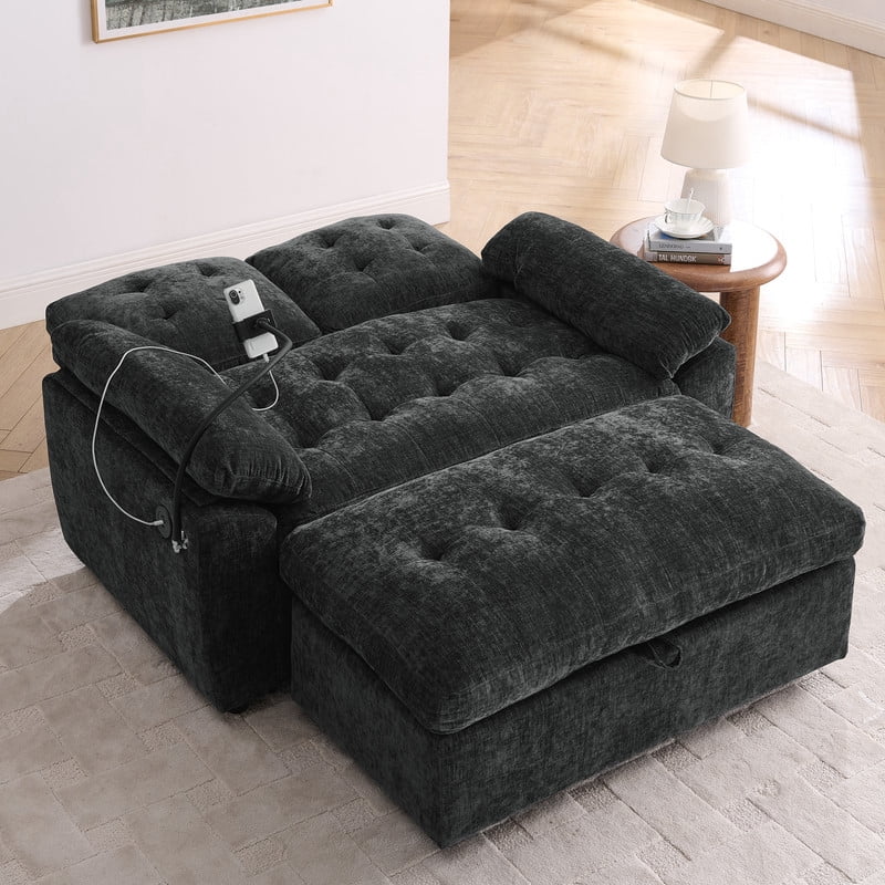 Double Sofa Recliner with Storage Ottoman, Manual Adjustable Reclining Loveseat with USB Charging Port, Phone Stand, and Soft Padded Armrests for Living Room, Apartment, and Home Theater