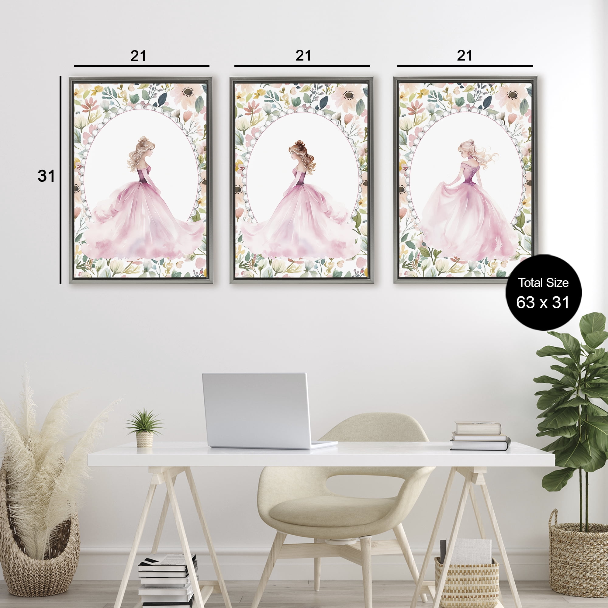Stupell Industries Bordered Princess Love 3 Piece Gray Framed Floater Canvas Set, design by Christine Simpson Art