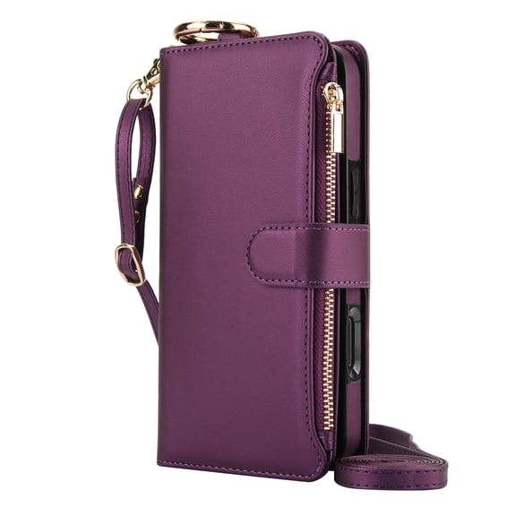 Dteck Crossbody Wallet Case for iPhone 17 Pro Max, Soft PU Leather Case with RFID Blocking Card Holder, Wristlet & Shoulder Strap, Zipper Purse for Women Men,Deep Purple