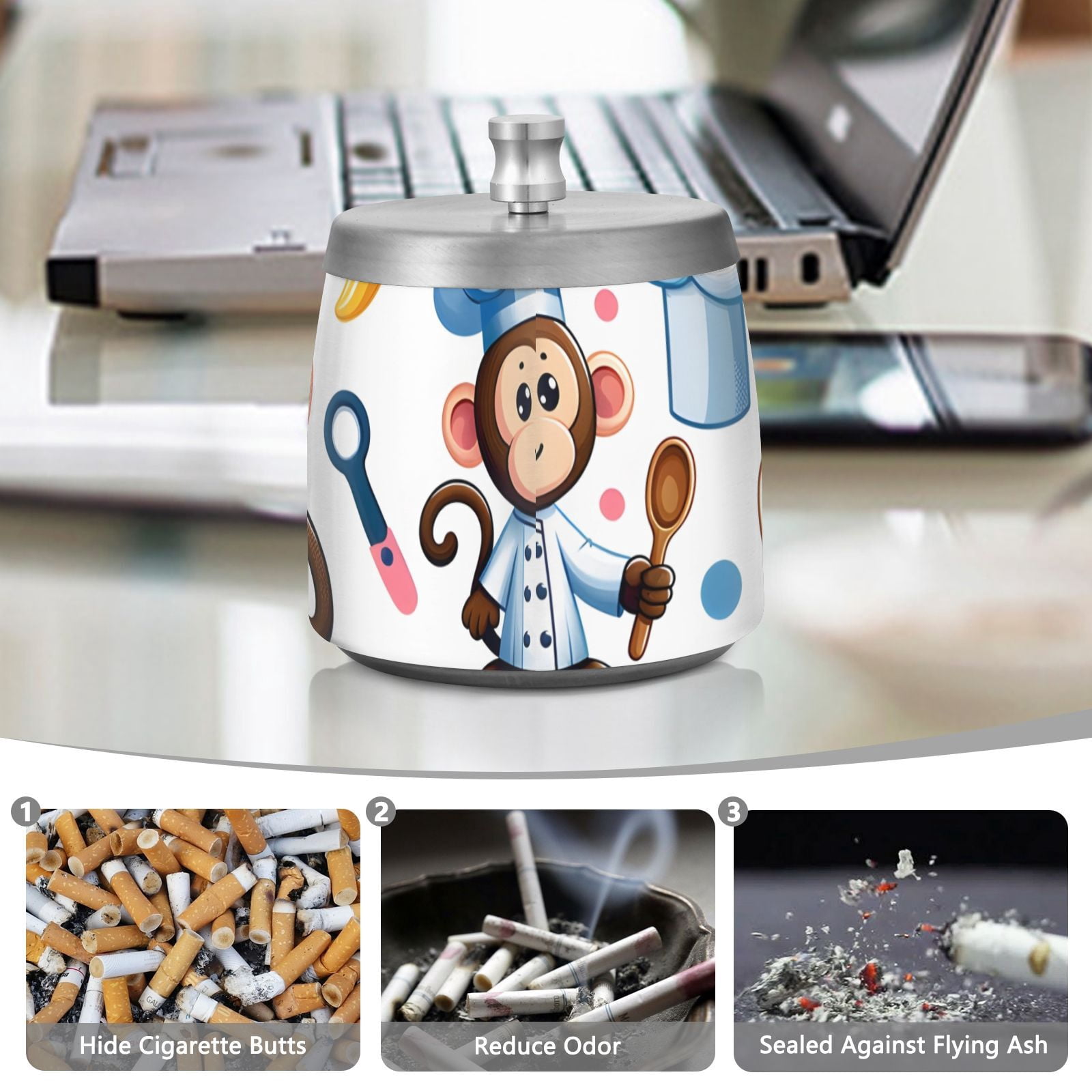 cigarette stub holder Monkey Chef Cooker Ashtray with Lid Smell Proof Cigarette Ashtray Stainless  Steel Smokeless Ash Holder for Indoor Outdoor