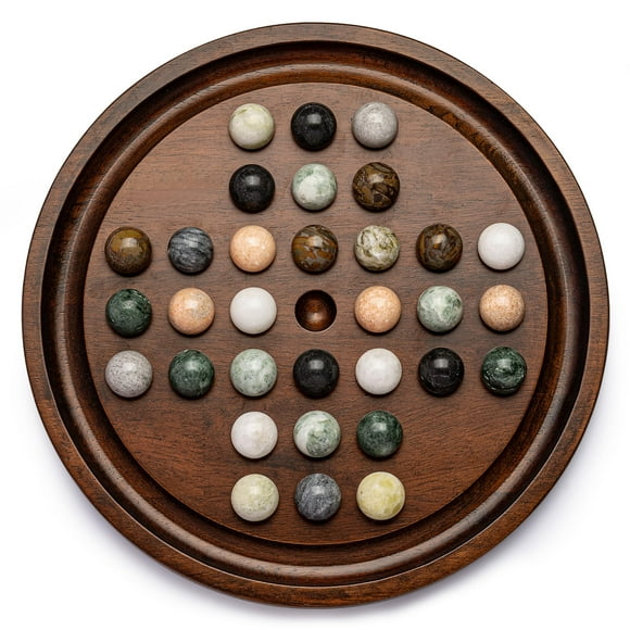 Lingle Deluxe Solitaire Game Set: 12.6'' Solid Wooden Board, 32 Natural Marble Balls, Single-Player Strategy and Smart Games