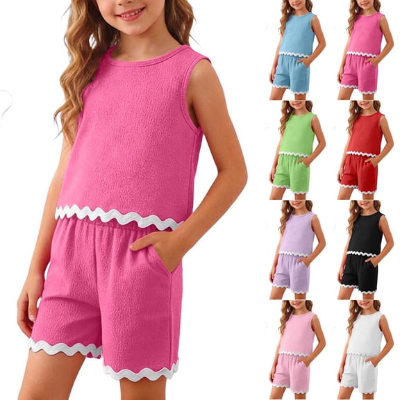 WAVSUF Girls Outfit Sets 2 Piece Crew Neck Tank Tops and Stretchable Shorts with Pockets Sleeveless Soft Trendy Summer Casual Clothes Hot Pink Size 13-14