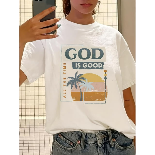 Camiseta de verano para mujer con Cuello RedondoWomen's Vintage-Inspired "GOD IS GOOD" Graphic Tee - Casual Round Neck, Polyester, Machine Washable with Palm Tree & Sunset Design, Perfect for Summer