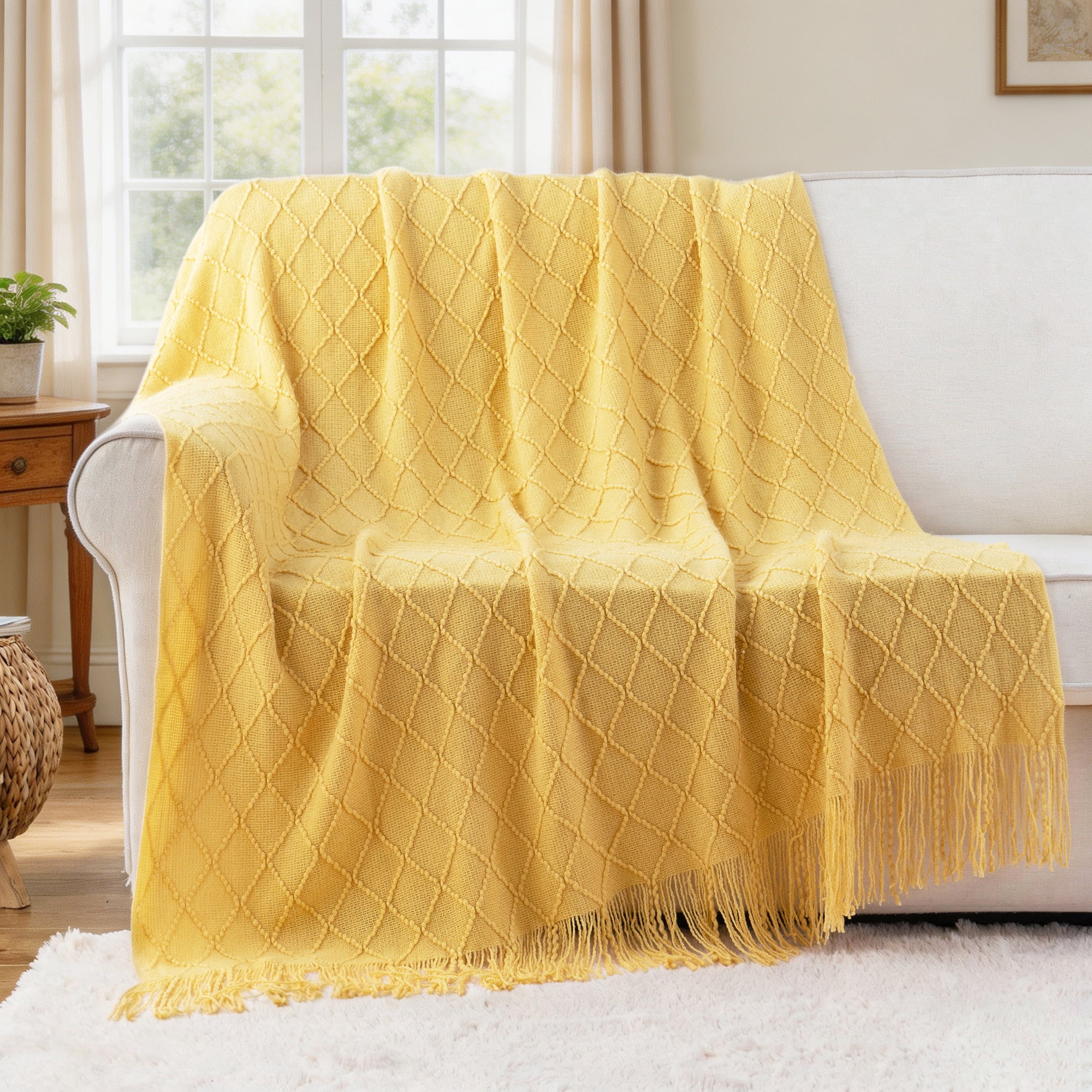 Battilo Mustard Throw Blanket for Couch,Gold Yellow Knit Throw with Fringe,Outdoor Throw ,50"x60"