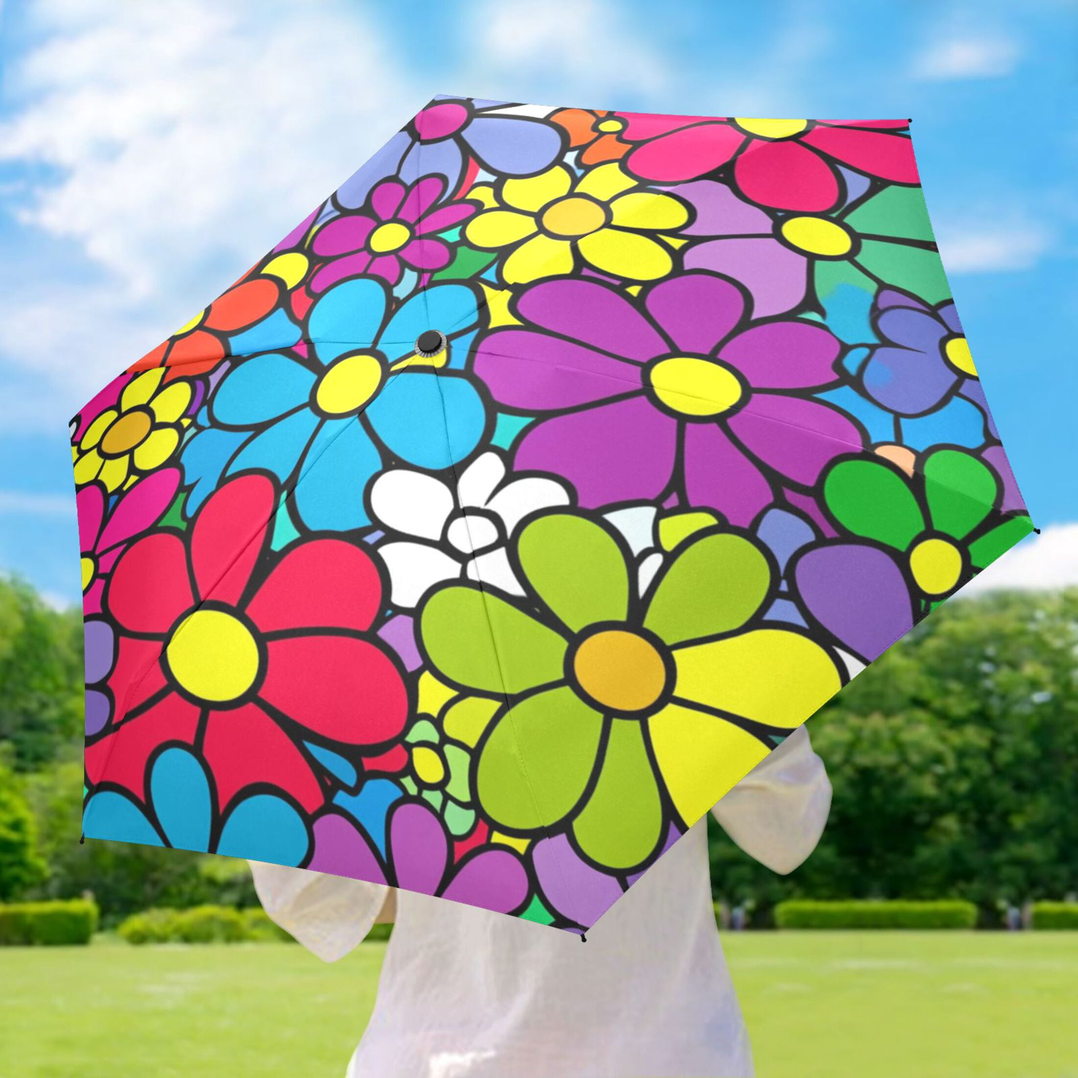 Colorful Floral Explosion Umbrellas for Sun Auto Open Close UV50+ Waterproof 5-Fold Compact Fiberglass Frame