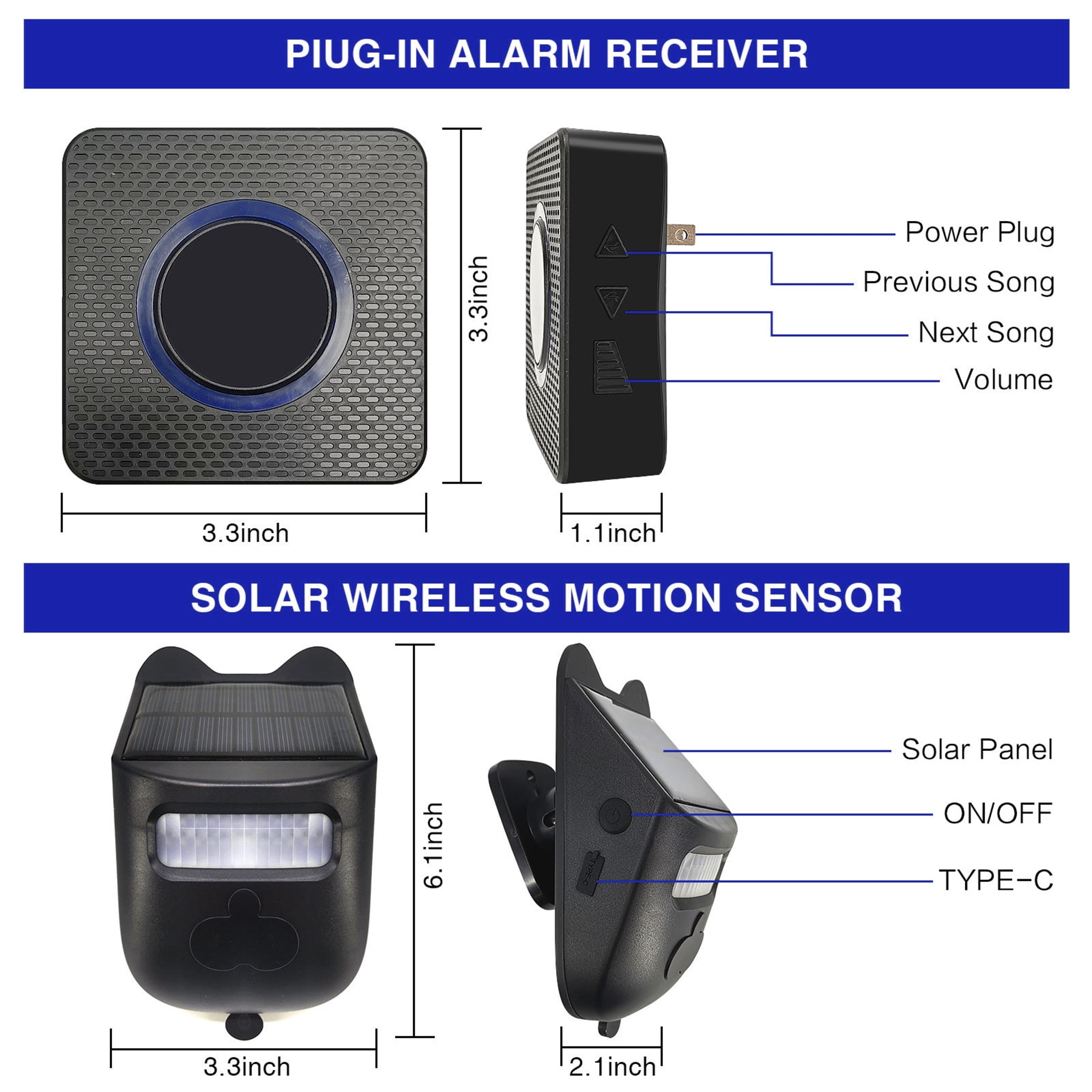 GJX Outdoor Waterproof Solar Driveway Alarm,984 Ft Long Range Wireless Driveway Alarm,Garage Intruder Pir Motion Sensor Alarm,Alarm System with 1 Receiver and 2 Sensor