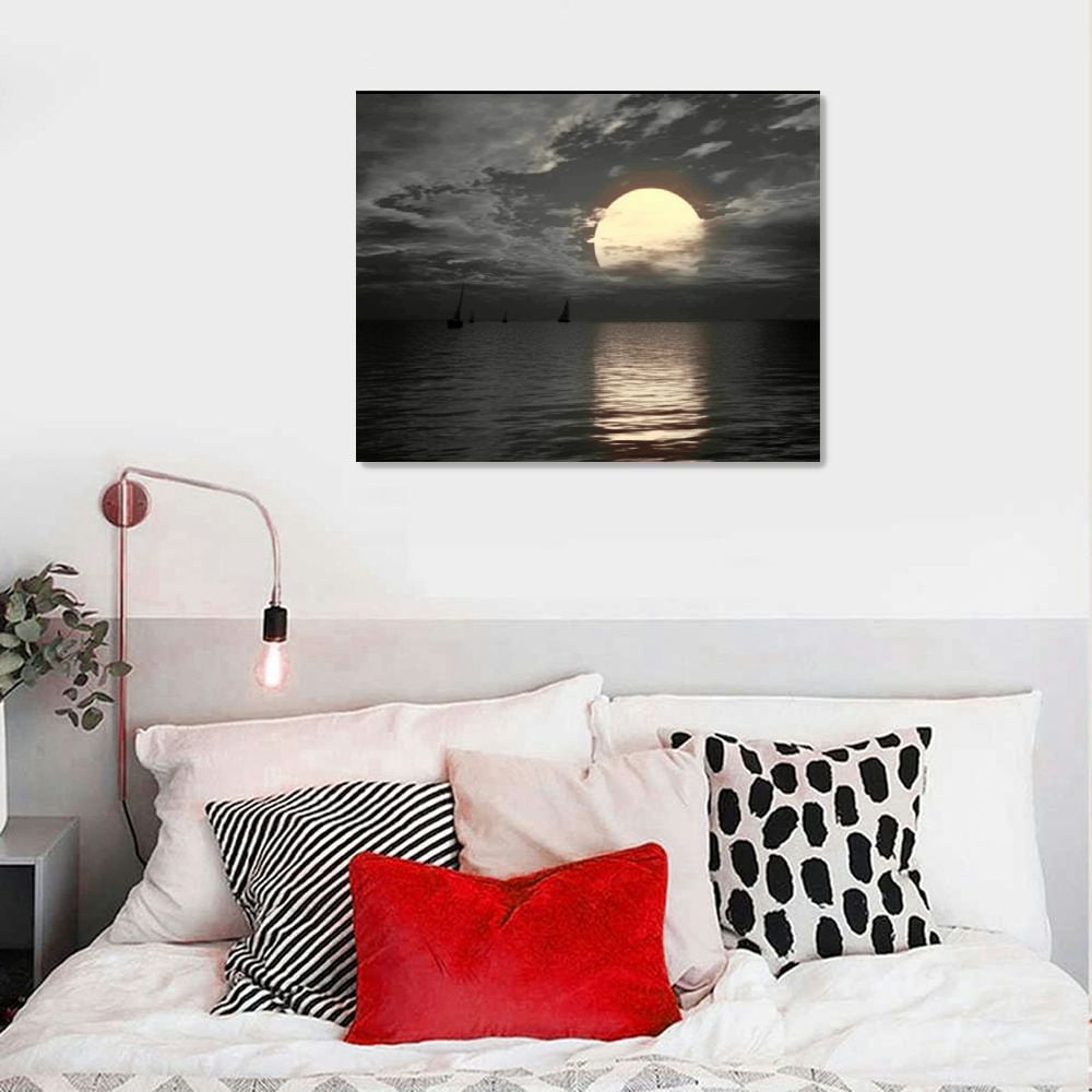 Jiayy  Large Black and White Canvas Full Moon Wall Art Sunset Picture Prints Moon on Sea Ocean Landscape Artwork for Home Decor Framed Ready to Hang 20x16in