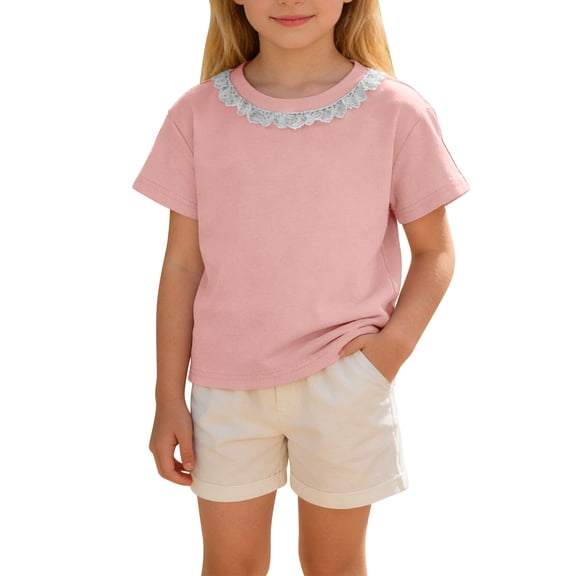 NAISIBABY Girls Cotton T-Shirt Size 7, Short Sleeve Lace Crewneck Casual Summer Kids Fashion Tee Pink