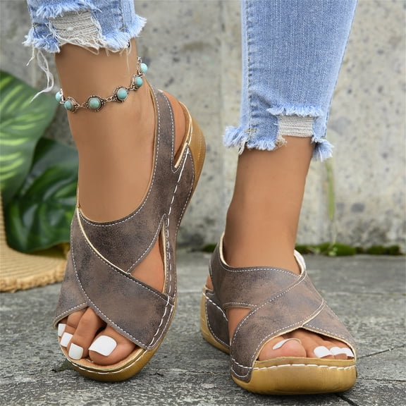Women's Non-Slip Arch Support Wedge Sandals, Adjustable Strap Open Toe Heels, Durable Casual Shoes for Outdoor, Work, Home Brown 36