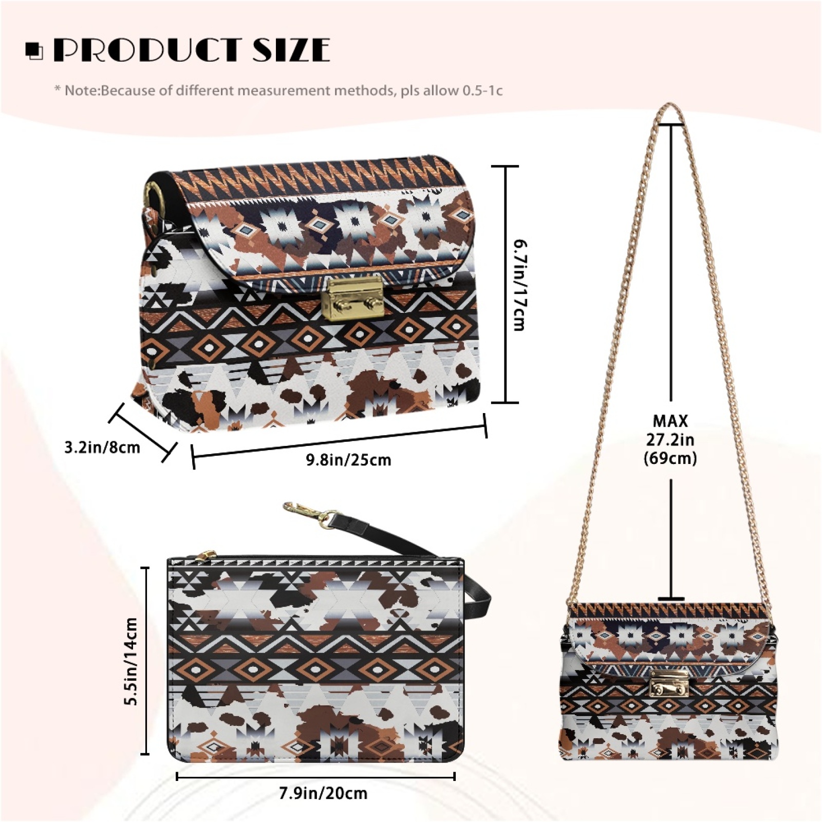 SCRAWLGOD American Tribal Cow Print White Brown Crossbody Bags for Women Crossbody Purse PU Leather Handbags Shoulder Bag Cell Phone Purse with Chain Strap