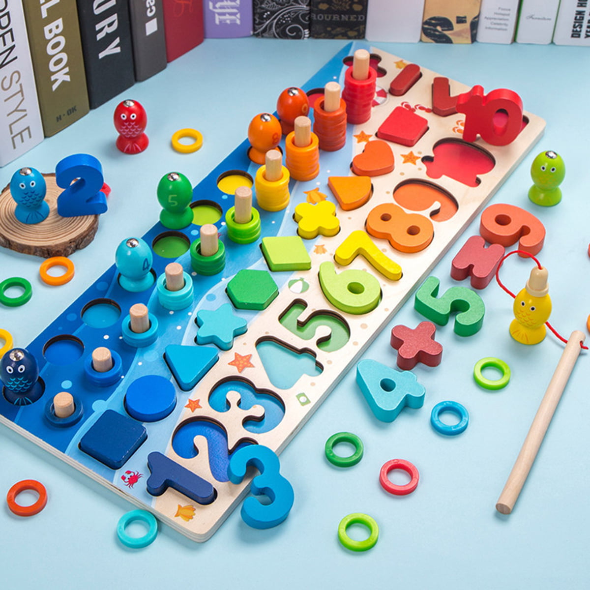 Wooden Number Shape Matching Board Digital Matching Logarithmic Board Colorful Shape Sorter Puzzle Toys Block Stacking Learning Toy Kids Toy Number and Block Holiday Gift