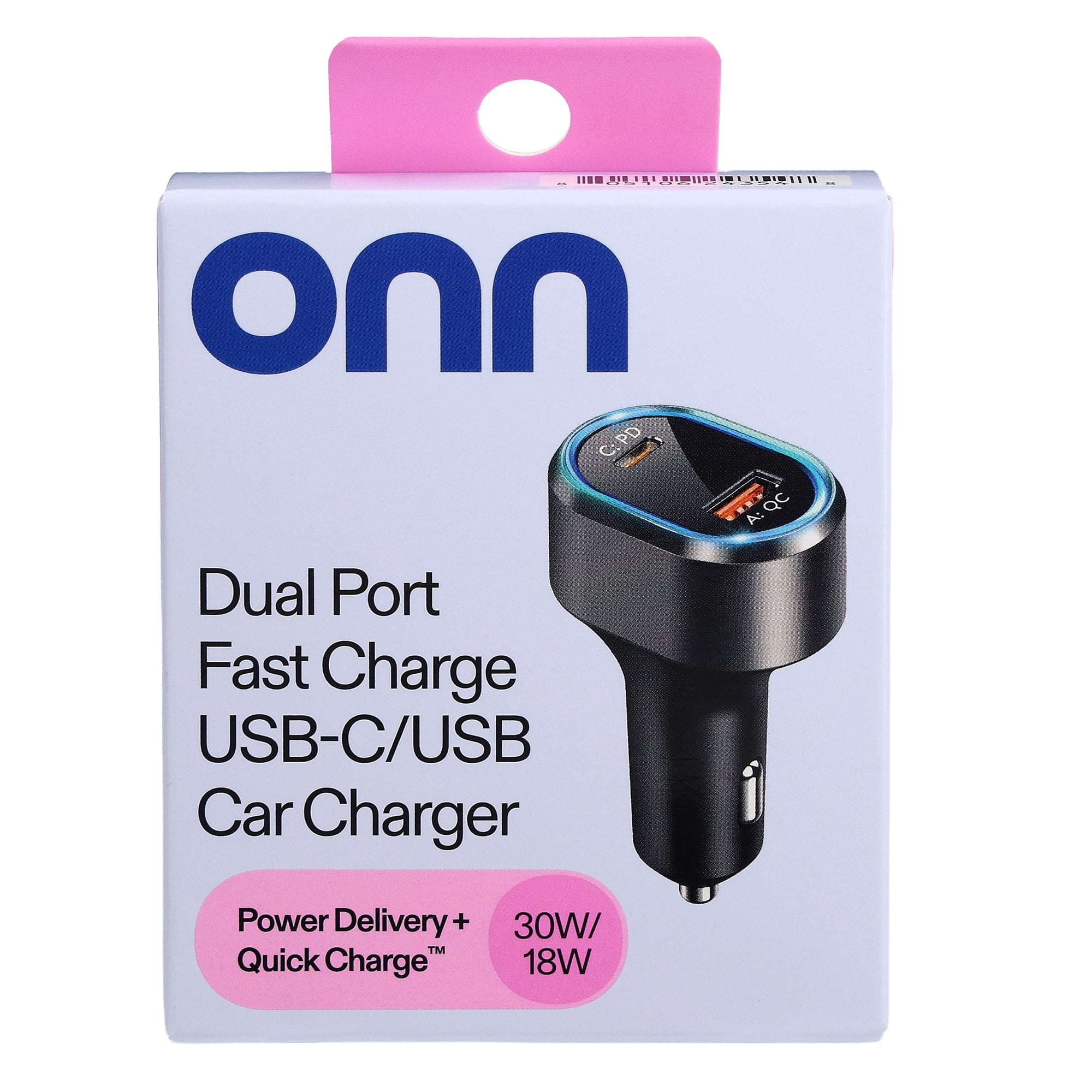 onn Dual Port Fast Charger USB-C/USB Car Charger
