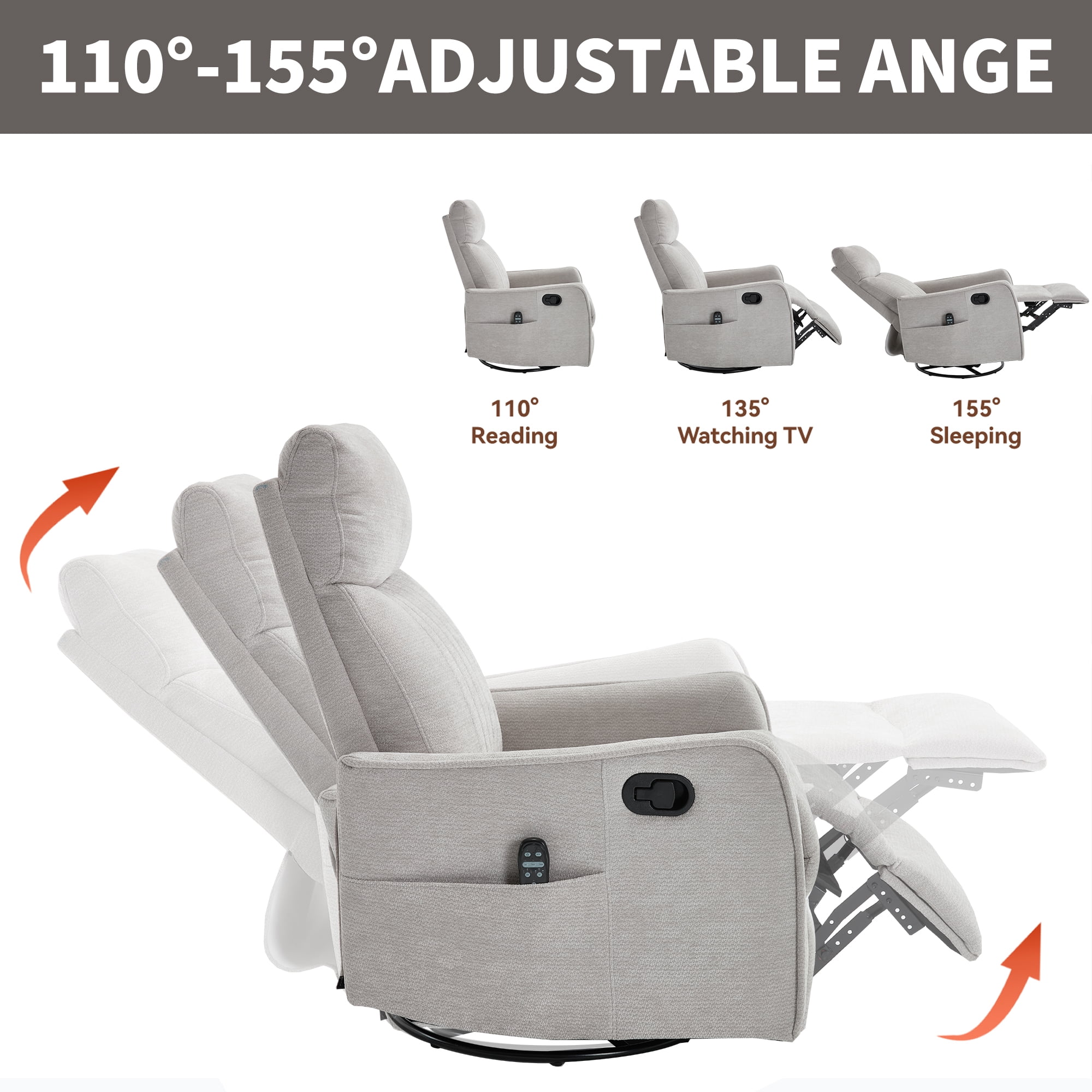Leumius Manual Swivel Rocker Recliner Chair for Adults,Overstuffed Reclining Glider Chair with Vibration Massage & Heat,Upholstered Recliners with Side Pockets for Living Room,Light Gray Chenille