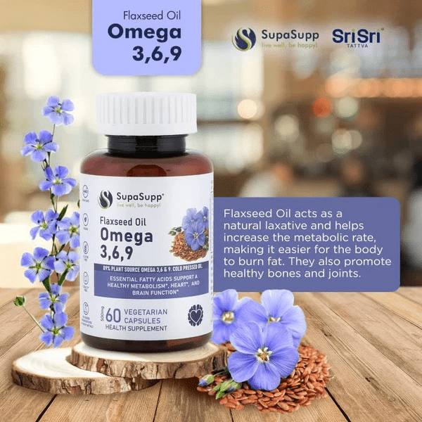 Sri Sri Tattva Omega 3 6 9 Flaxseed Oil Capsules Vegetarian Supplement, 60 Count