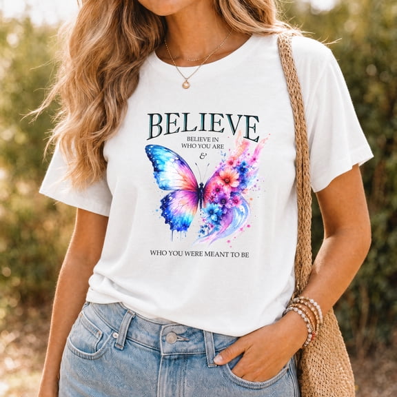 Jollimate Believe In Who You Are Butterfly T-Shirt, Watercolor Floral Inspirational Graphic Tee, Motivation Hope Gift for Women