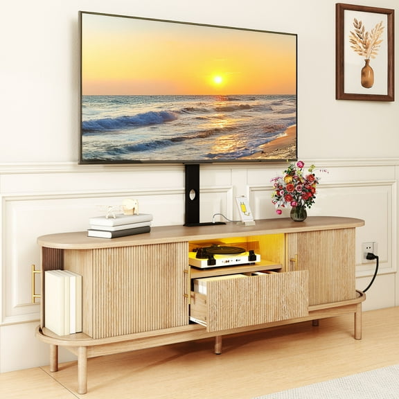 Dextrus 60" TV Stand with Mount for 32-75" TVs, Height Adjustable Fluted Entertainment Center, Oak