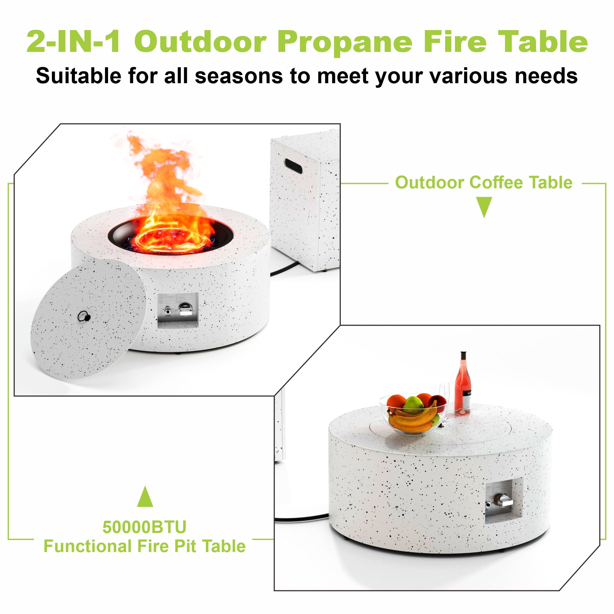 30" Inch Round Wood Grain Iron Fire Pit,50000 BTU with Lid,for Home and Camping (Spotted white)
