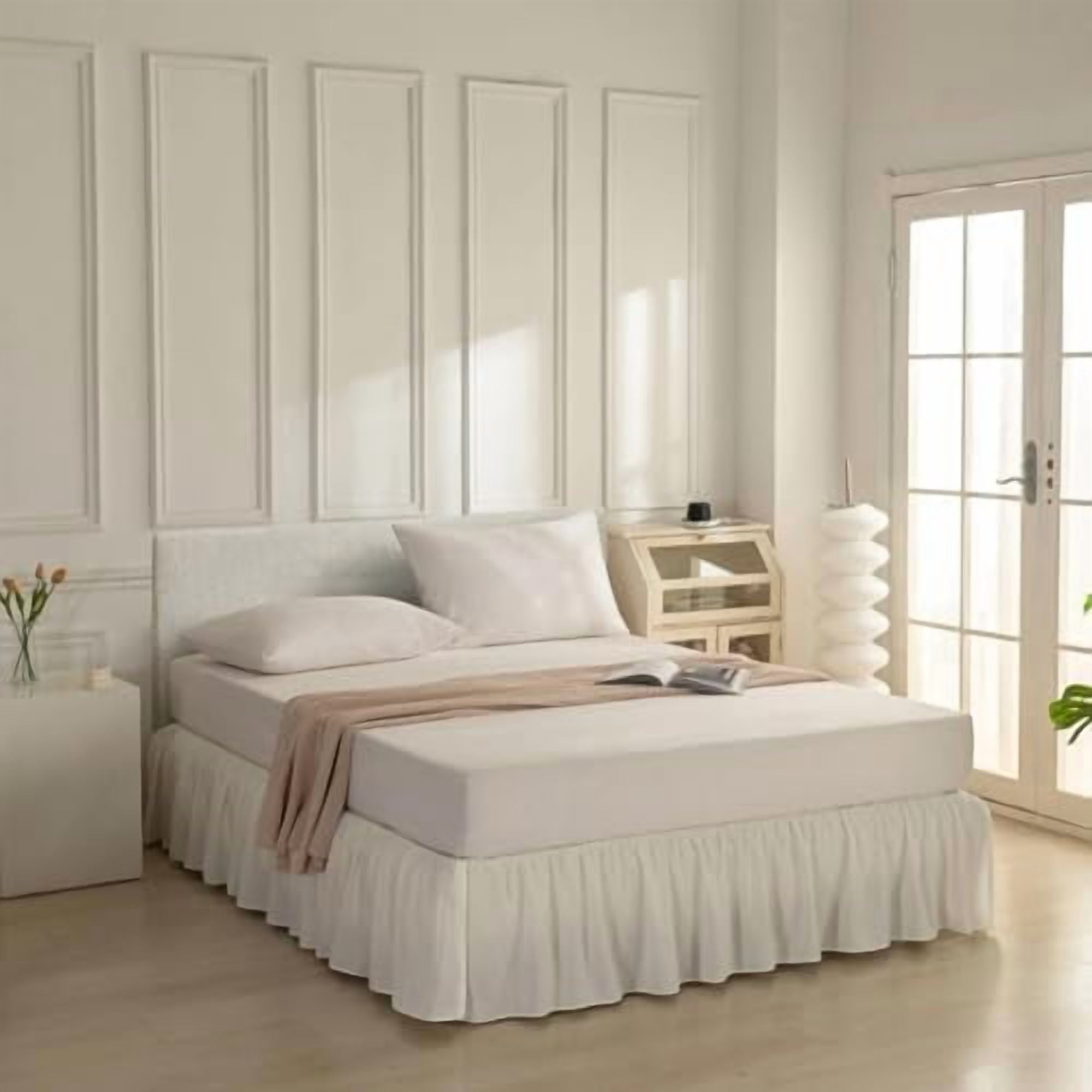 Bed Skirt Queen Size Ruffled Bed Skirt with Split Corners, Ivory Queen Bed Skirts 18 Inch Drop with Platform, 18'' Queen