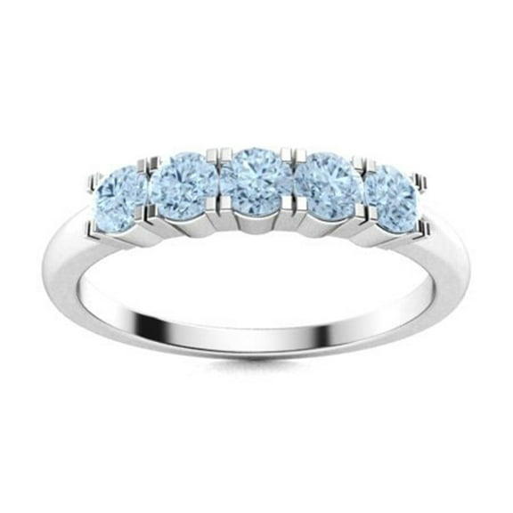Mooneye 4mm Round Aquamarine 925 Sterling Silver Five Stone Women Stackable Valentines Day Gift Ring