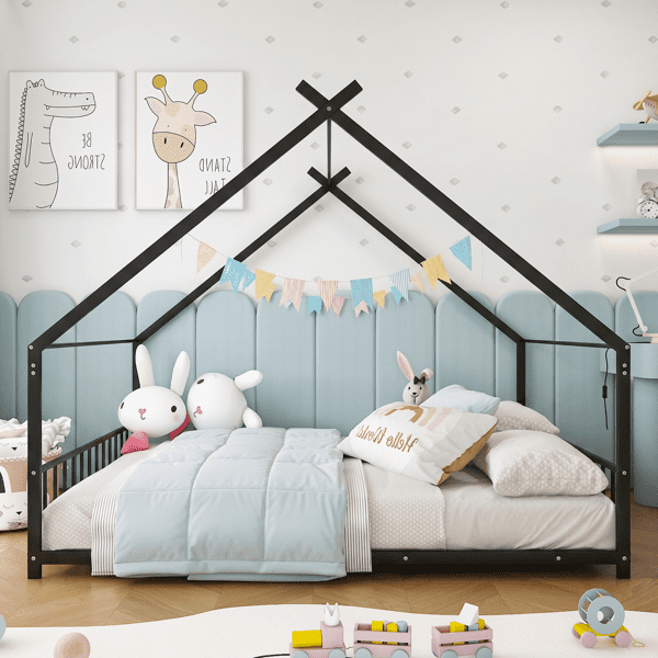 Alvantor Full Size Kids Metal House Bed with Guardrails and Slat Support, Black