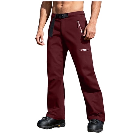 Kvture Men Snow Ski Pant Zipper Bottom Leg Convertible Warm Softshell Thermal Snowboard Cargo Trouser Wine XXXL