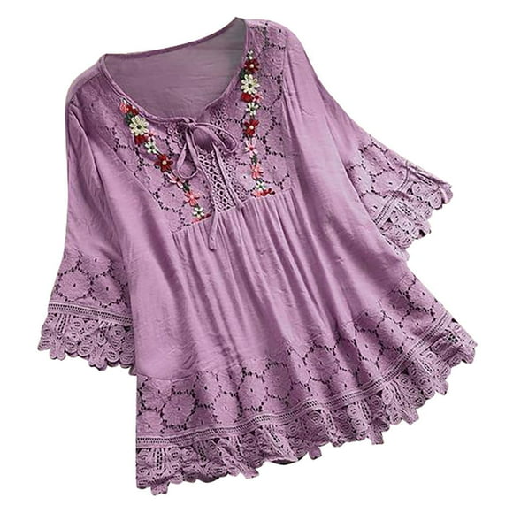 VEKDONE 2025 Clearance Plus Size Blouse for Women Vintage Lace Patchwork Bow V Neck Top Solid T Shirt Floral Embroidery 3/4 Bell Sleeve Casual Office Tunic