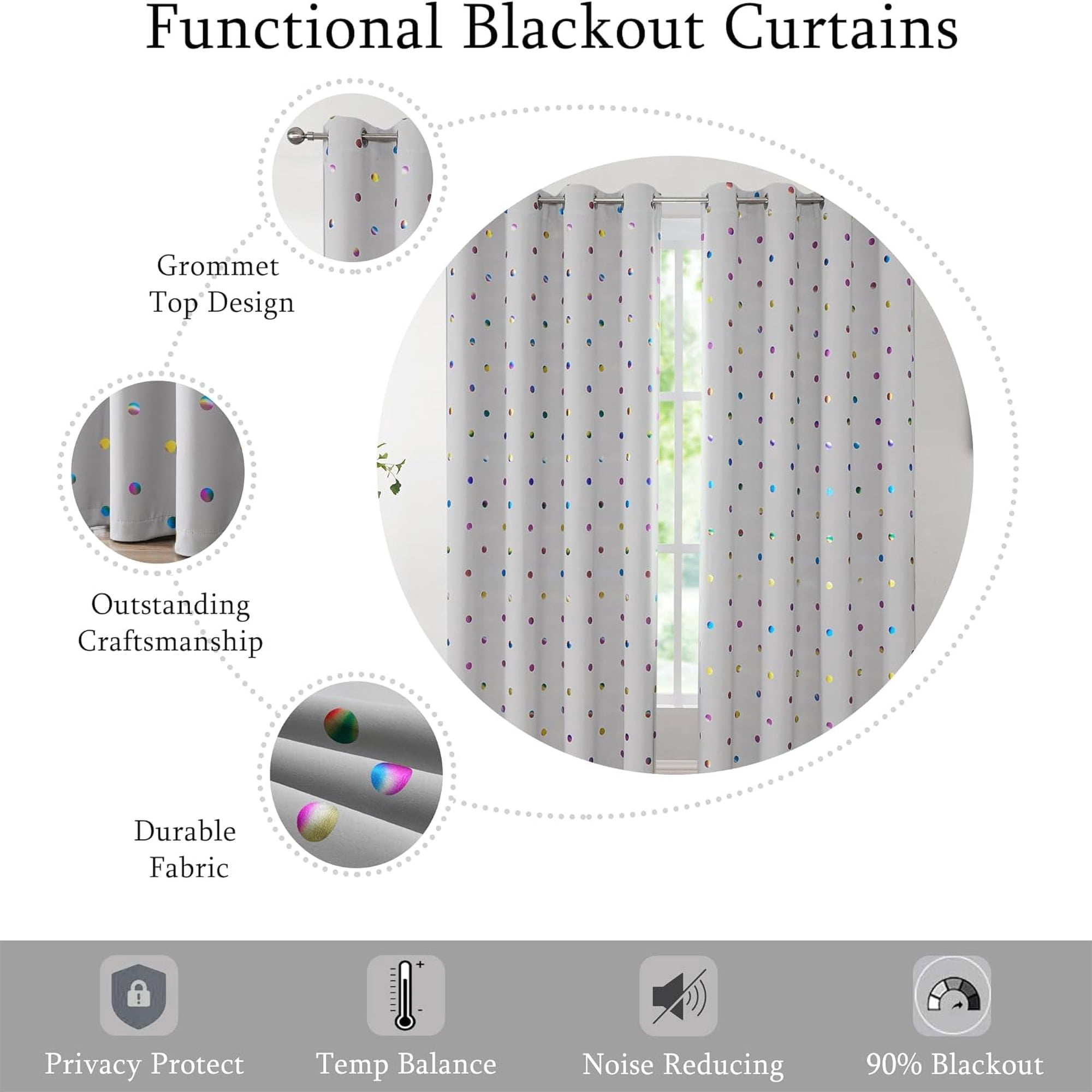 Bazaahm Grey Full Blackout Curtain Panels Set of 2 for Kids Juvenile Bedroom Colorful Metallic Polka Dots Printed Thermal Insulated Grommet Window Drapes, 84"L x 52"W