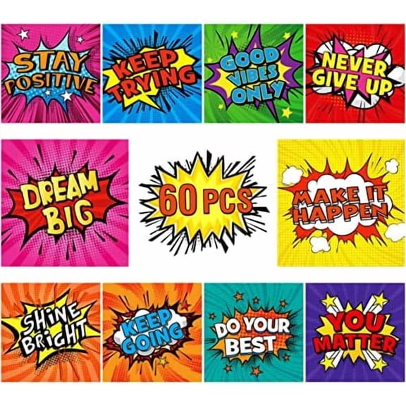 60PCS Superhero Motivational Cards (5.5” Each) - 10 Designs Positive Word Decor for Classroom Bulletin Board & Home